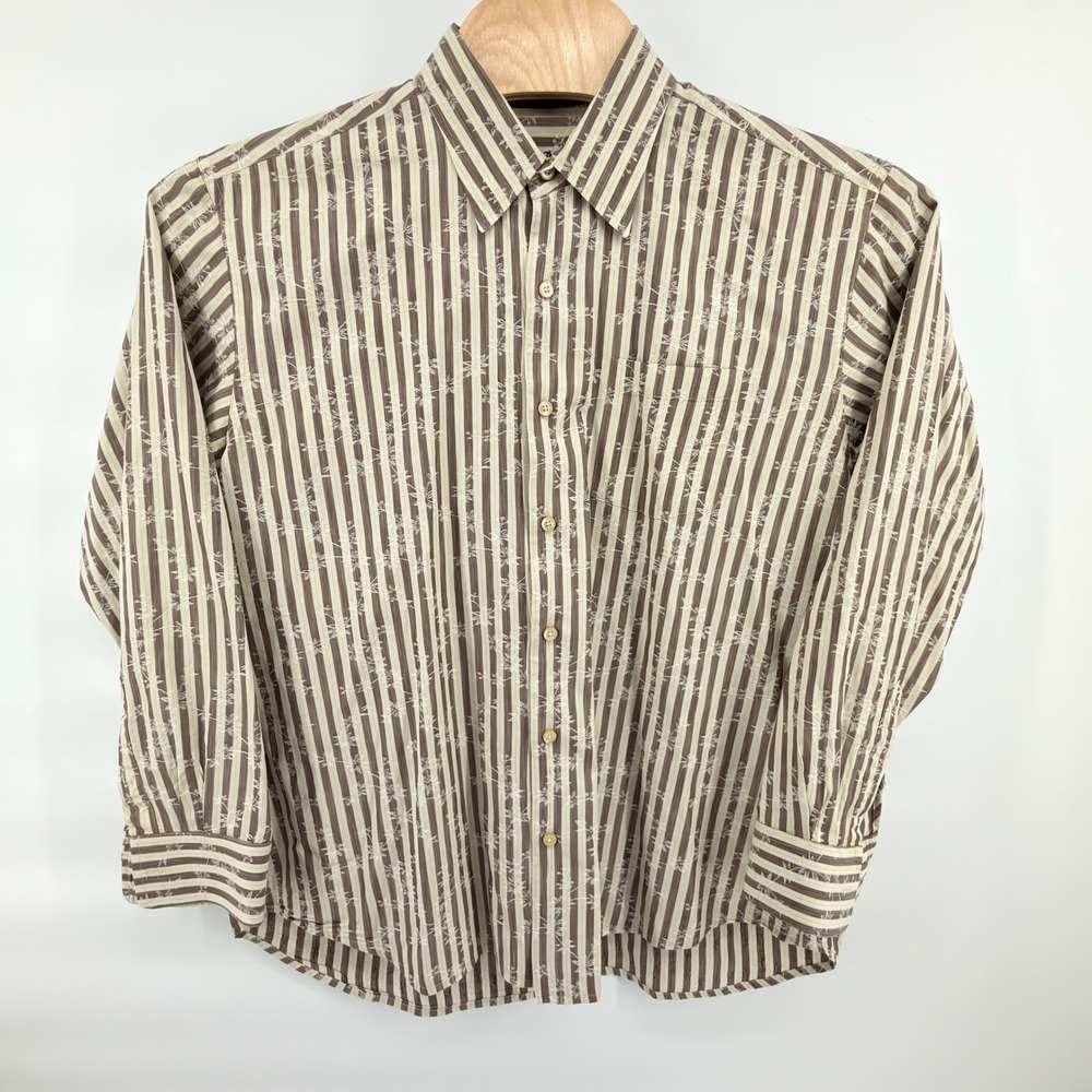 Tommy Bahama Button Up Shirt Mens XL Brown Striped Silk Blend Floral Embroidered